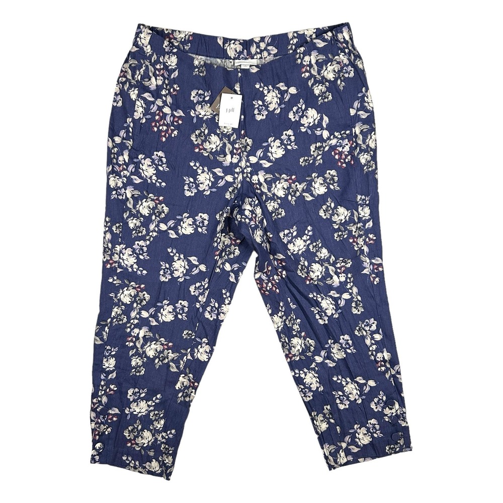 J Jill Linen Stretch Size XLP Ankle Pants Button Hem Blue Floral Side Zip NEW